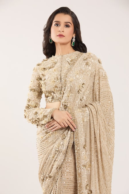 Buy Nakul Sen Beige Silk, Chiffon Sequins, Beads, Embroidery Round Neck 3d Floral Saree Set Buy_Nakul Sen_Beige Silk, Chiffon Sequins, Beads, Embroidery Round Neck 3d Floral Saree Set