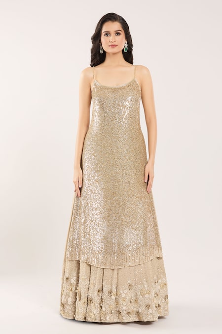 Buy Nakul Sen Beige Silk, Chiffon Sequins, Beads, 3d Floral Embroidered Jacket And Lehenga Set Online at Aza Fashions Buy_Nakul Sen_Beige Silk, Chiffon Sequins, Beads, 3d Floral Embroidered Jacket And Lehenga Set _Online_at_Aza_Fashions