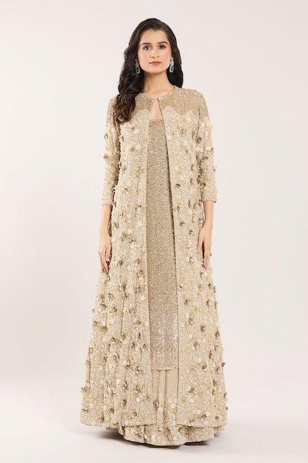 Shop Nakul Sen Beige Silk, Chiffon Sequins, Beads, 3d Floral Embroidered Jacket And Lehenga Set Online at Aza Fashions Shop_Nakul Sen_Beige Silk, Chiffon Sequins, Beads, 3d Floral Embroidered Jacket And Lehenga Set _Online_at_Aza_Fashions
