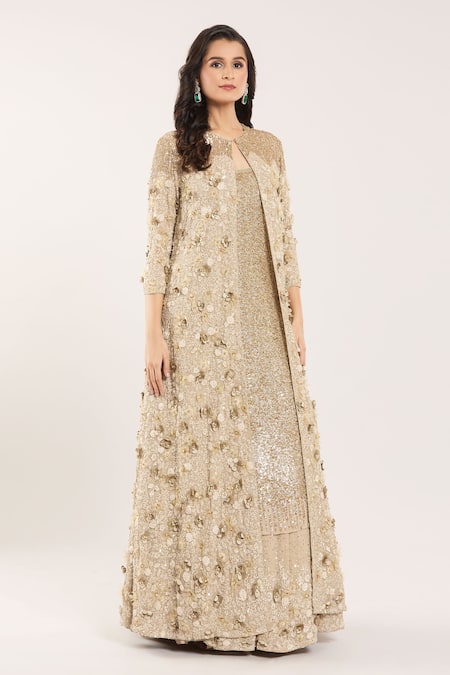 Nakul Sen Beige Silk, Chiffon Sequins, Beads, 3d Floral Embroidered Jacket And Lehenga Set at Aza Fashions Nakul Sen_Beige Silk, Chiffon Sequins, Beads, 3d Floral Embroidered Jacket And Lehenga Set _at_Aza_Fashions