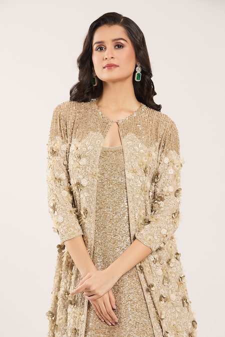 Buy Nakul Sen Beige Silk, Chiffon Sequins, Beads, 3d Floral Embroidered Jacket And Lehenga Set Buy_Nakul Sen_Beige Silk, Chiffon Sequins, Beads, 3d Floral Embroidered Jacket And Lehenga Set