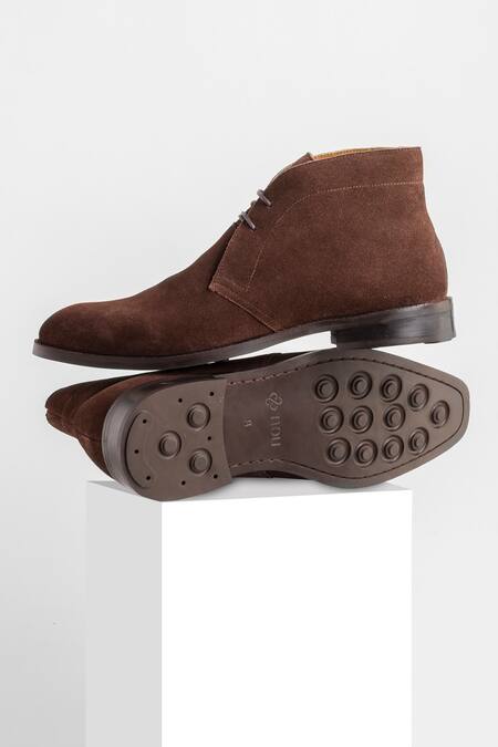 Nou_Brown Leather Stitchline Border Embroidered Shoes _Online_at_Aza_Fashions