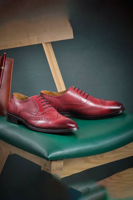 Nou_Burgundy Leather Embroidery Brogue Pattern Shoes _Online_at_Aza_Fashions