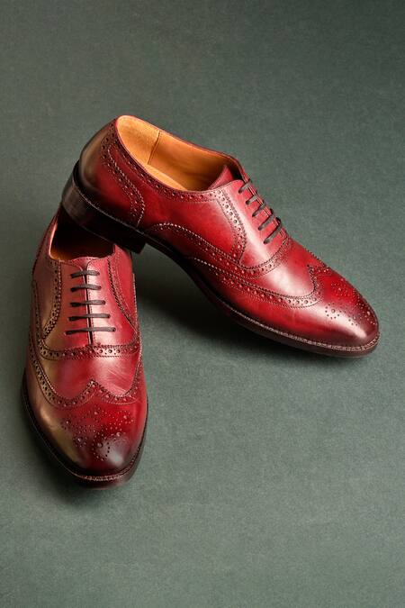 Shop_Nou_Burgundy Leather Embroidery Brogue Pattern Shoes _Online_at_Aza_Fashions