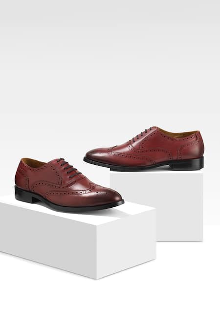 Shop_Nou_Burgundy Leather Embroidery Brogue Pattern Shoes _at_Aza_Fashions