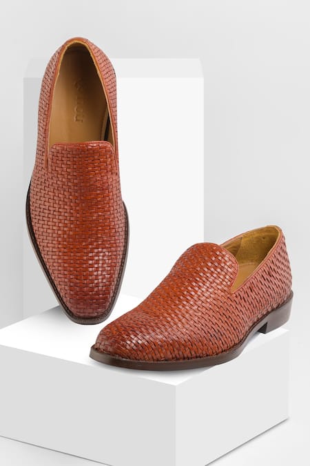 Nou_Brown Cuban Loafers With Basket Weave Design _Online_at_Aza_Fashions