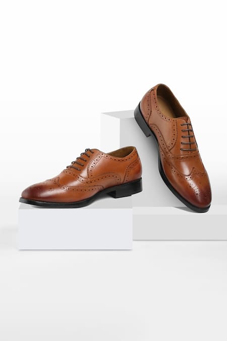 Shop_Nou_Brown Brogue Pattern Tan Leather Shoes _at_Aza_Fashions