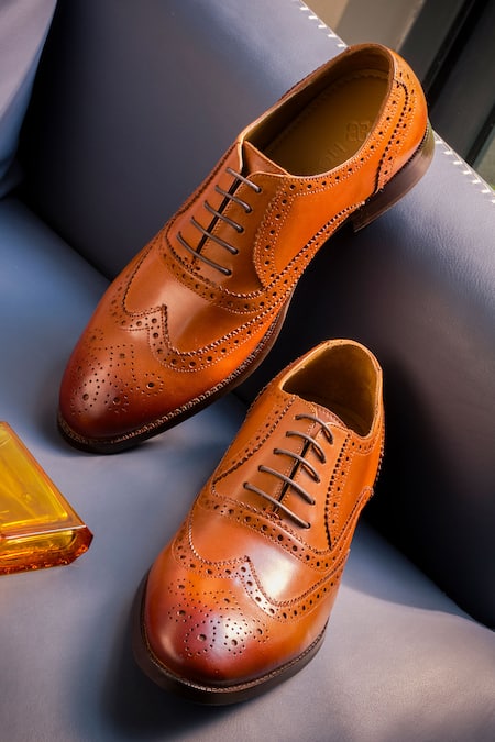 Nou_Brown Brogue Pattern Tan Leather Shoes _Online_at_Aza_Fashions