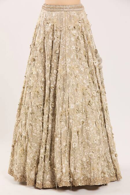 Buy_Nakul Sen_Beige Silk, Chiffon Sequins, Beads, Embroidery Mushroom 3d Floral Lehenga Set 