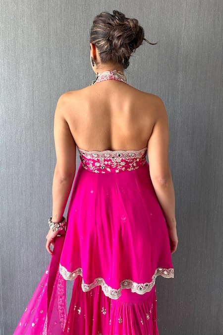 Buy Gopi Vaid Pink Tussar, Georgette, Net Gota Patti, Mirrors, Blossom Kurta Sharara Set Buy_Gopi Vaid_Pink Tussar, Georgette, Net Gota Patti, Mirrors, Blossom Kurta Sharara Set