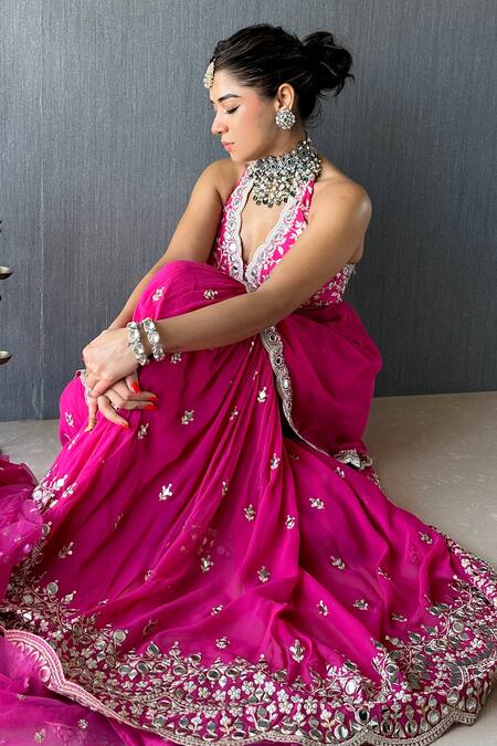 Shop Gopi Vaid Pink Tussar, Georgette, Net Gota Patti, Mirrors, Blossom Kurta Sharara Set Shop_Gopi Vaid_Pink Tussar, Georgette, Net Gota Patti, Mirrors, Blossom Kurta Sharara Set