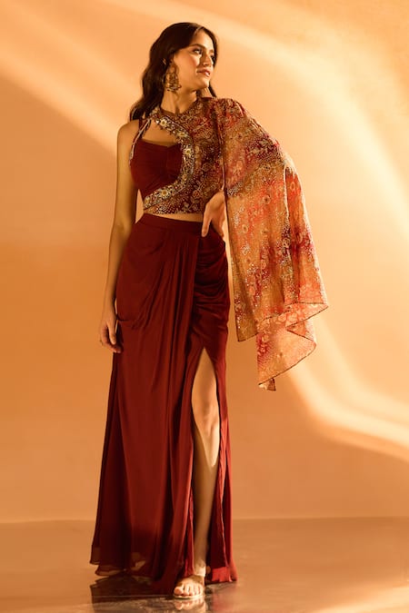 Samyukta Singhania Solid Draped Skirt Set With Jacket 