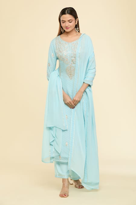 Samyukta Singhania Sky Blue Kurta And Dupatta Georgette Print Pittan Embroidered Yoke & Pant Set 