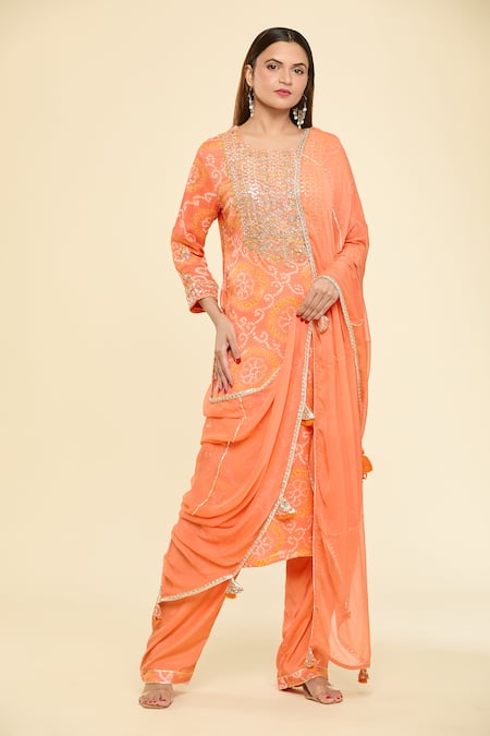 Samyukta Singhania Orange Kurta Georgette Embroidered Gota Round Bandhej Pant Set 