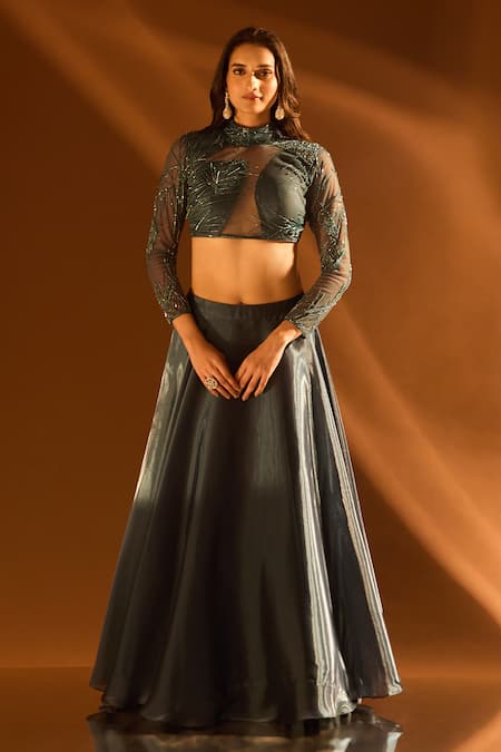 Shop Samyukta Singhania Grey Net, Satin Embroidery, Sequins, Beads Glass And Cutdana Blouse Lehenga Set at Aza Fashions Shop_Samyukta Singhania_Grey Net, Satin Embroidery, Sequins, Beads Glass And Cutdana Blouse Lehenga Set _at_Aza_Fashions