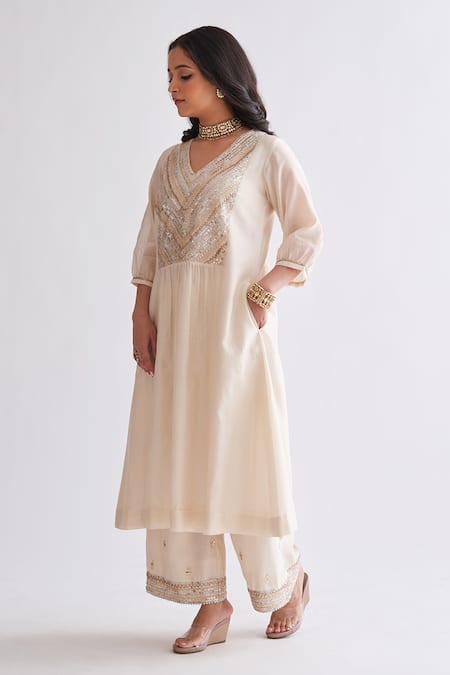 Vaaya_Off White Silk, Silk, Sequins, Embroidery Coin Kurta Set_Online_at_Aza_Fashions