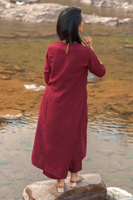 Shop_Vaaya_Burgundy Silk, Cotton Round Neck Pleated Kurta And Pant Set _at_Aza_Fashions