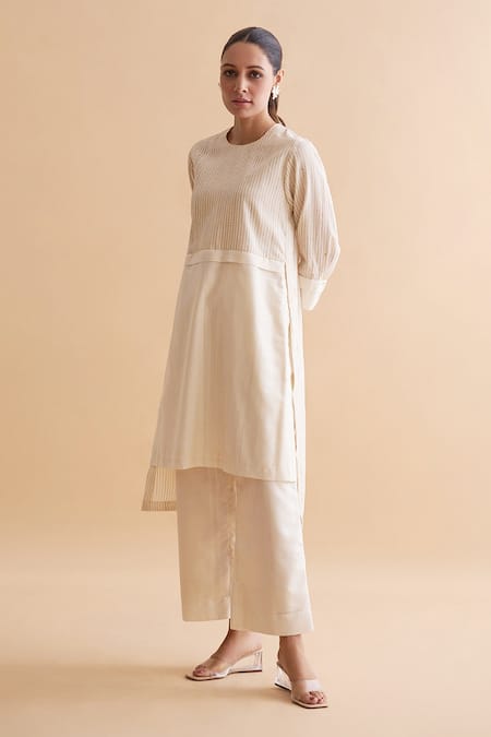 Vaaya_Ivory Tussar Round Neck Striped Yoke Tunic And Pant Set _Online_at_Aza_Fashions