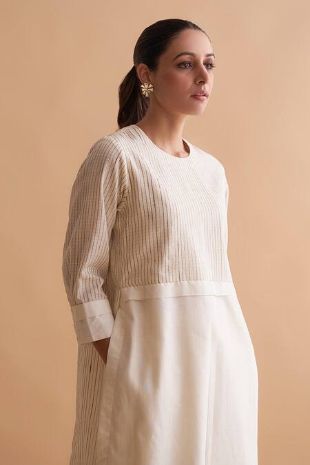 Buy_Vaaya_Ivory Tussar Round Neck Striped Yoke Tunic And Pant Set _Online_at_Aza_Fashions