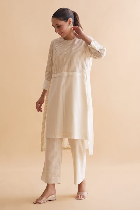 Vaaya Ivory Striped Yoke Tunic & Pant Set 