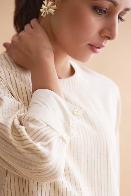 Shop_Vaaya_Ivory Tussar Round Neck Striped Yoke Tunic And Pant Set _Online_at_Aza_Fashions