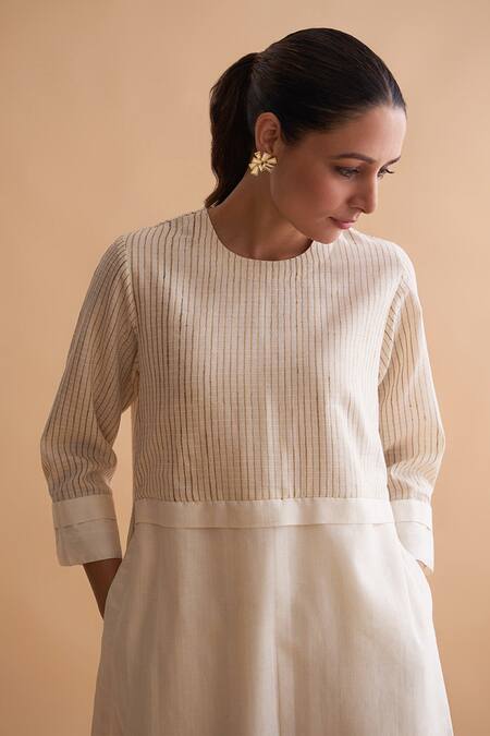 Vaaya_Ivory Tussar Round Neck Striped Yoke Tunic And Pant Set _at_Aza_Fashions