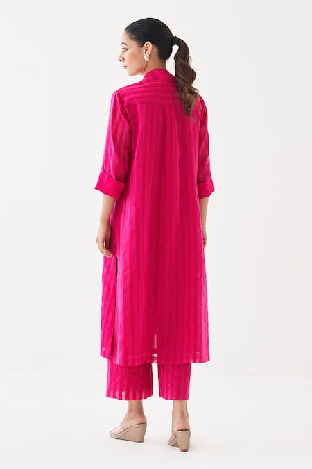 Shop_Vaaya_Pink Cotton, Silk Tassels V-neck Rani Stripe Kaftan Pant Set _at_Aza_Fashions
