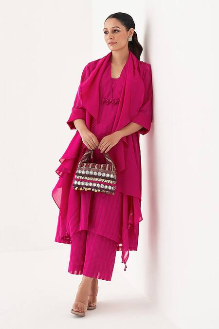 Vaaya_Pink Cotton, Silk Tassels V-neck Rani Stripe Kaftan Pant Set _Online_at_Aza_Fashions