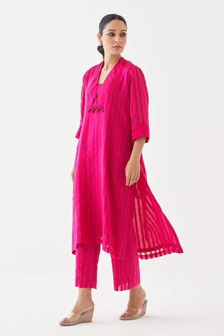 Buy_Vaaya_Pink Cotton, Silk Tassels V-neck Rani Stripe Kaftan Pant Set _Online_at_Aza_Fashions