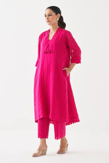 Shop_Vaaya_Pink Cotton, Silk Tassels V-neck Rani Stripe Kaftan Pant Set _Online_at_Aza_Fashions