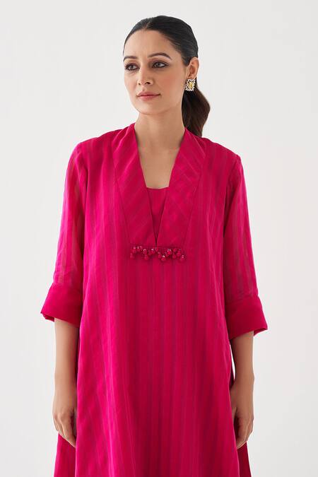 Vaaya_Pink Cotton, Silk Tassels V-neck Rani Stripe Kaftan Pant Set _at_Aza_Fashions