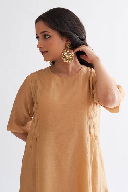 Buy Vaaya Gold Chanderi Embroidery Round Neck Pleat Detailed A-line Kurta Set Online at Aza Fashions Buy_Vaaya_Gold Chanderi Embroidery Round Neck Pleat Detailed A-line Kurta Set _Online_at_Aza_Fashions