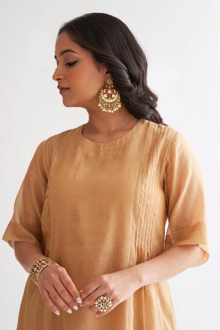 Shop Vaaya Gold Chanderi Embroidery Round Neck Pleat Detailed A-line Kurta Set Online at Aza Fashions Shop_Vaaya_Gold Chanderi Embroidery Round Neck Pleat Detailed A-line Kurta Set _Online_at_Aza_Fashions