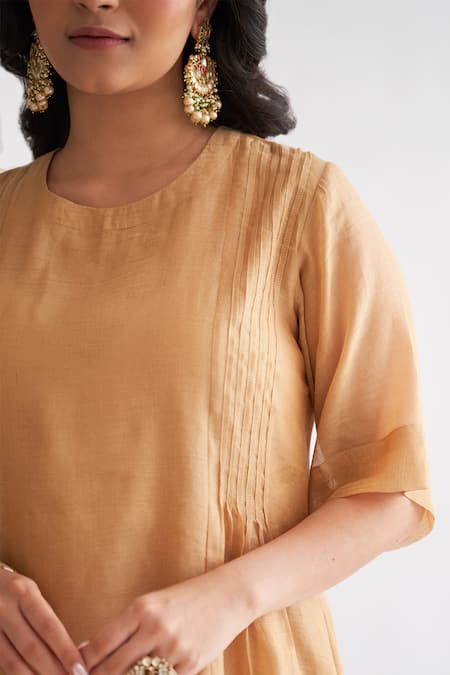 Vaaya Gold Chanderi Embroidery Round Neck Pleat Detailed A-line Kurta Set at Aza Fashions Vaaya_Gold Chanderi Embroidery Round Neck Pleat Detailed A-line Kurta Set _at_Aza_Fashions