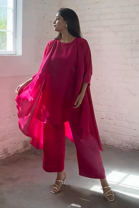 Shop Vaaya Pink Silk, Open Neck, Round Rani Solid Waterfall Jacket Set at Aza Fashions Shop_Vaaya_Pink Silk, Open Neck, Round Rani Solid Waterfall Jacket Set _at_Aza_Fashions