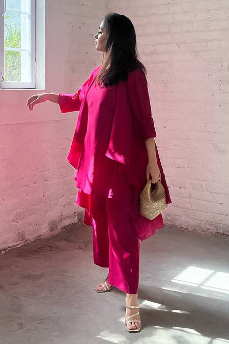 Buy Vaaya Pink Silk, Open Neck, Round Rani Solid Waterfall Jacket Set Online at Aza Fashions Buy_Vaaya_Pink Silk, Open Neck, Round Rani Solid Waterfall Jacket Set _Online_at_Aza_Fashions