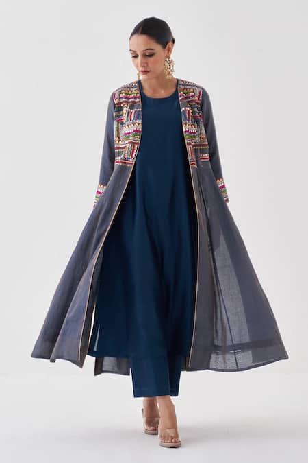 Vaaya_Blue Chanderi Embroidery Open Neck Thread Jacket _Online_at_Aza_Fashions