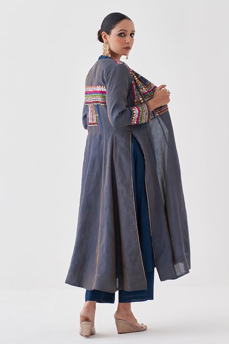 Shop_Vaaya_Blue Chanderi Embroidery Open Neck Thread Jacket _at_Aza_Fashions
