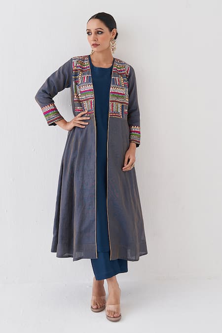 Buy_Vaaya_Blue Chanderi Embroidery Open Neck Thread Jacket _Online_at_Aza_Fashions
