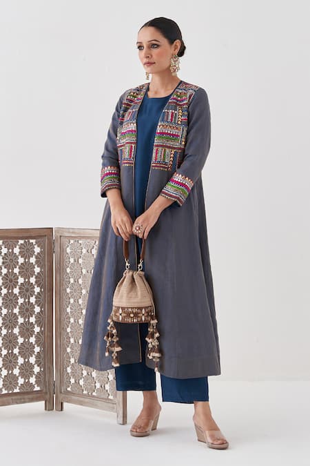 Shop_Vaaya_Blue Chanderi Embroidery Open Neck Thread Jacket _Online_at_Aza_Fashions