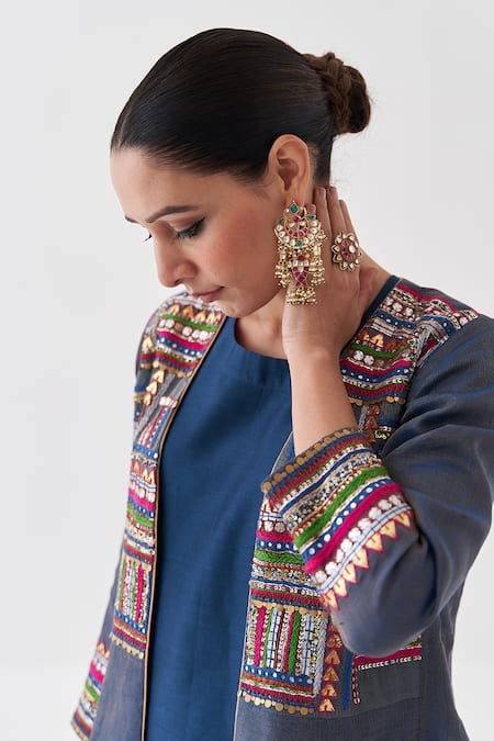 Vaaya_Blue Chanderi Embroidery Open Neck Thread Jacket _at_Aza_Fashions