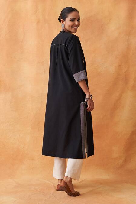 Shop_Vaaya_Black Cotton Embroidery Open Neck Ikkat Motif Straight Kurta _at_Aza_Fashions