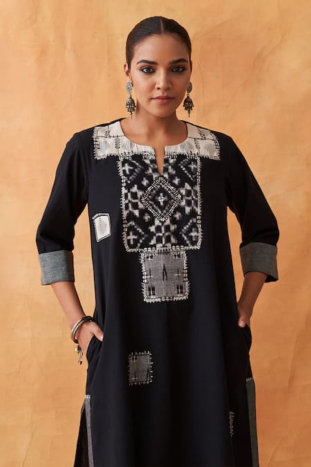 Shop_Vaaya_Black Cotton Embroidery Open Neck Ikkat Motif Straight Kurta _Online_at_Aza_Fashions
