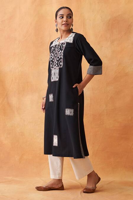 Vaaya_Black Cotton Embroidery Open Neck Ikkat Motif Straight Kurta _at_Aza_Fashions