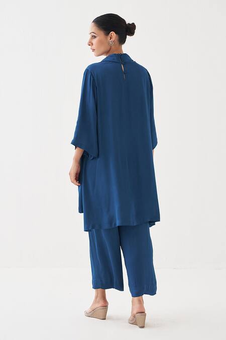 Shop_Vaaya_Blue Satin, Modal Cowl Neck Asymmetric Kurta Set _at_Aza_Fashions