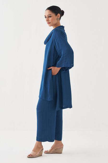 Vaaya_Blue Satin, Modal Cowl Neck Asymmetric Kurta Set _Online_at_Aza_Fashions