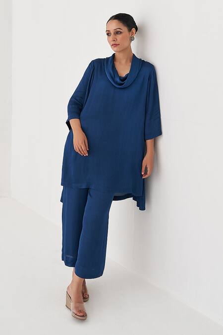 Buy_Vaaya_Blue Satin, Modal Cowl Neck Asymmetric Kurta Set _Online_at_Aza_Fashions
