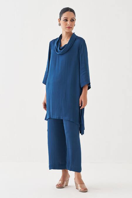 Shop_Vaaya_Blue Satin, Modal Cowl Neck Asymmetric Kurta Set _Online_at_Aza_Fashions