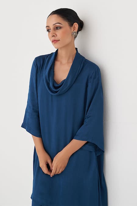 Vaaya_Blue Satin, Modal Cowl Neck Asymmetric Kurta Set _at_Aza_Fashions