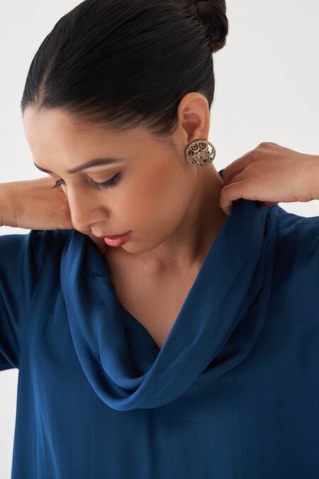 Buy_Vaaya_Blue Satin, Modal Cowl Neck Asymmetric Kurta Set 